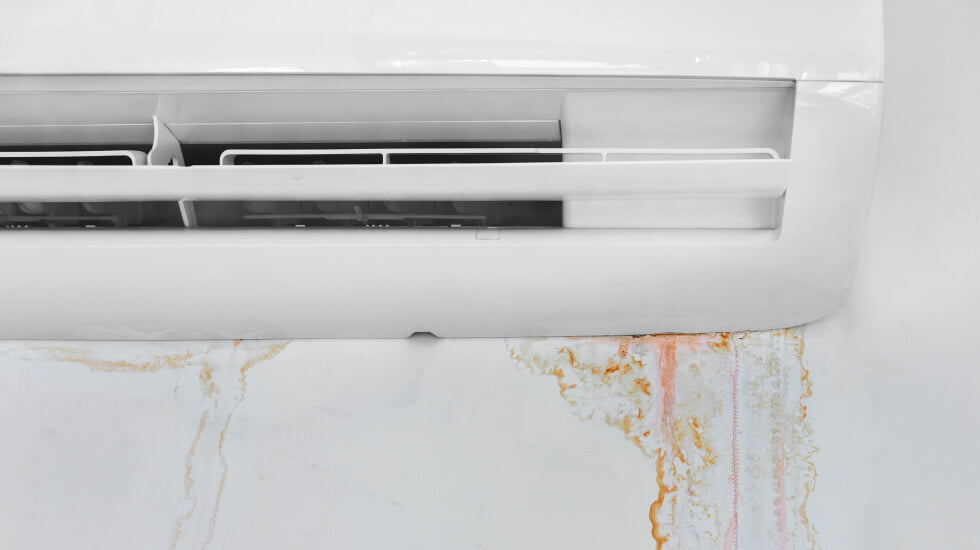 Wall-mounted air conditioner with visible rust and water stains on a white wall.
