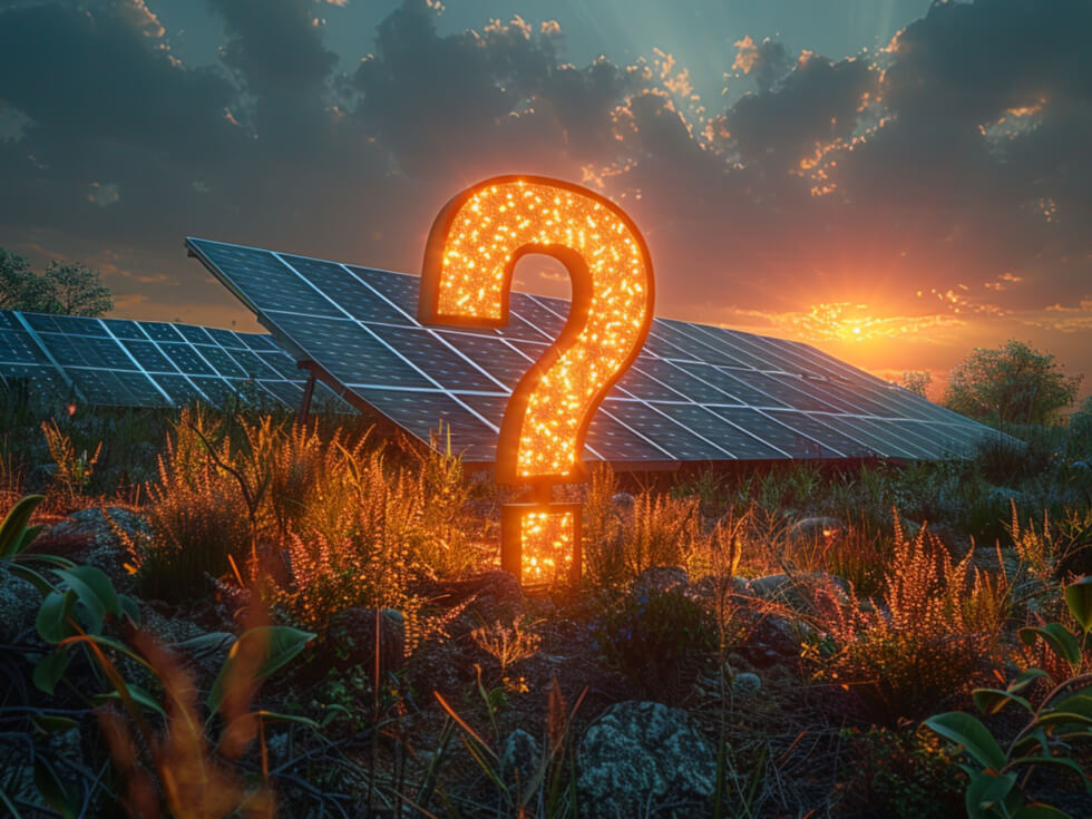 A glowing question mark stands in front of solar panels under a dramatic sunset sky, surrounded by plants.