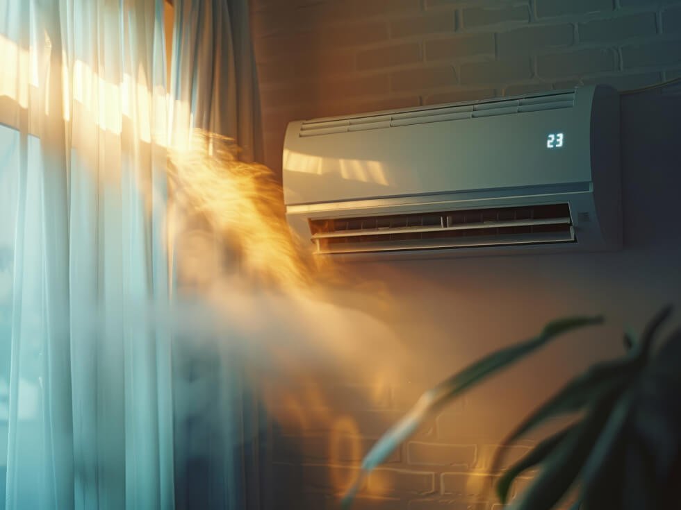 Air conditioner mounted on a wall, set to 23 degrees, emitting cool air beside a window with sunlight streaming through curtains.