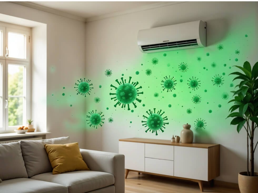 A living room with a couch, pillows, and a cabinet. Green virus-like illustrations are overlaid on the air coming from a wall-mounted air conditioner.