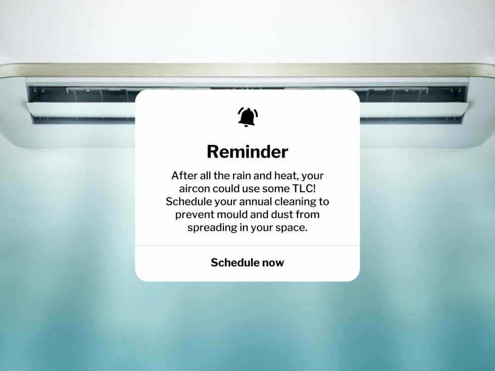 Reminder message about aircon maintenance, emphasizing cleaning to prevent mold and dust spread in the environment.