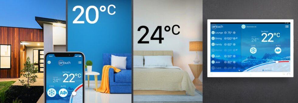 A collage of smart home technology interfaces showing temperature settings on different devices, including a smartphone, a wall panel, and a tablet in various indoor settings.