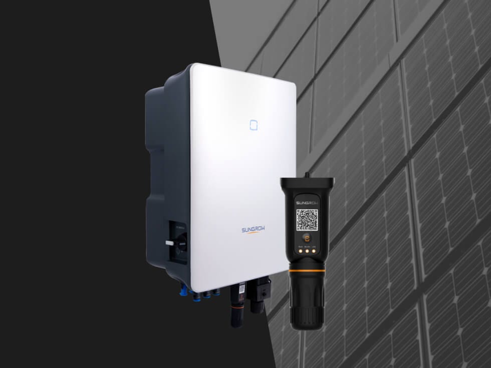 The scene features a wall-mounted Sungrow Inverter alongside a handheld device displaying a QR code, all set against the backdrop of solar panels, ready to guide users through quick fault codes and troubleshooting.